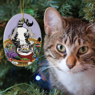 Adorno De Cerámica Gato divertido de Navidad con lavanda y hierba gat