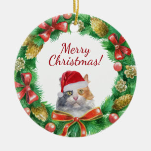 Adorno De Cerámica gato doméstico calicó feliz navidad