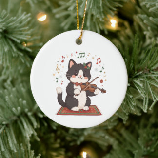 Adorno De Cerámica Gato Elegante Tocando el Violín Navidad 