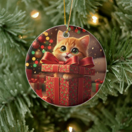 Adorno De Cerámica Gato en caja de regalo: gato saliendo de regalo de