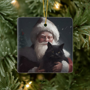 Adorno De Cerámica Gato Esmoquin con Papá Noel Festivo de Navidad