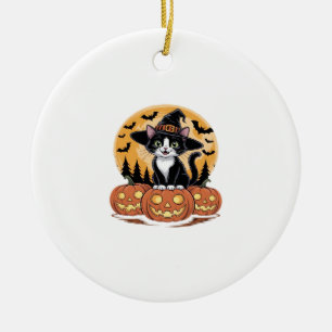 Adorno De Cerámica Gato Esmoquinado Bruja de Halloween Calabazas Lind
