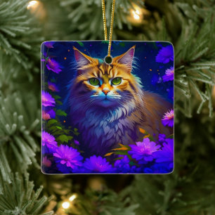 Adorno De Cerámica Gato Etéreo en Flores Purpúreas Navidad
