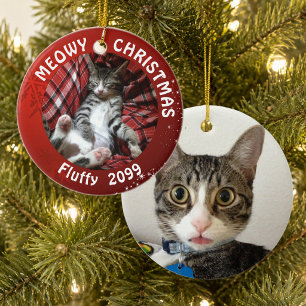 Adorno De Cerámica Gato "Feliz Navidad Meowy" 2 caras 2 fotos Rojo