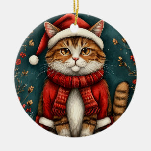 Adorno De Cerámica Gato festivo que lleva sombrero y bufanda de Santa