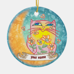 Adorno De Cerámica Gato Flores de Luna 