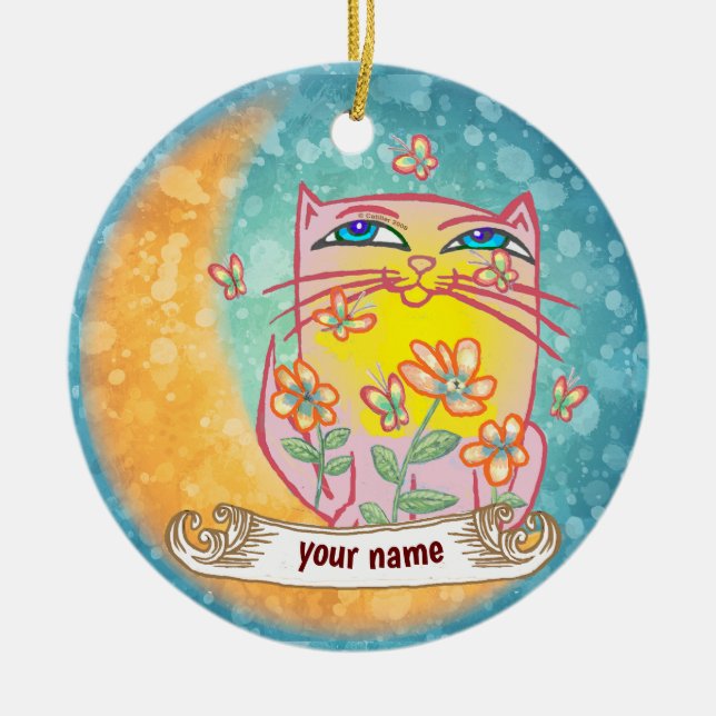 Adorno De Cerámica Gato Flores de Luna  (Frente)