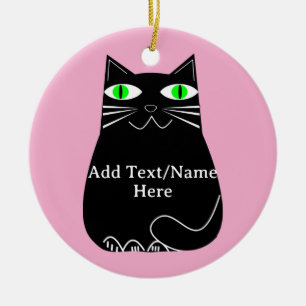 Adorno De Cerámica Gato Gordo Negro Con Ojos Verdes Texto Personaliza