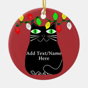 Adorno De Cerámica Gato Gordo Negro Con Ojos Verdes Texto Personaliza