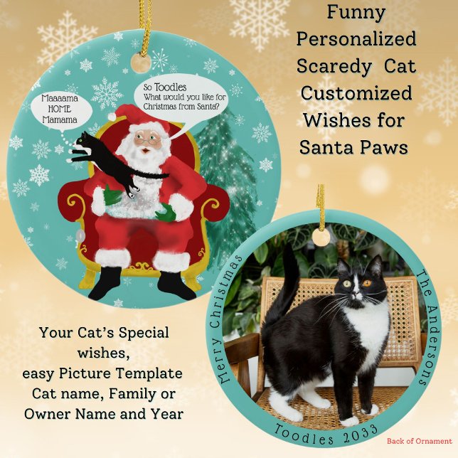 Adorno De Cerámica Gato gracioso de miedo visita a Navidades de Santa (Your Scaredy cat gives Santa Paws Christmas wish list custom double sided photo template Ornament)