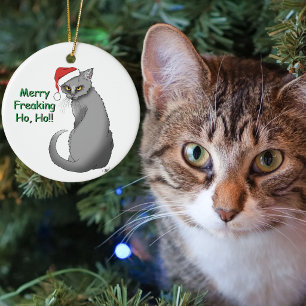 Adorno De Cerámica Gato Gris Divertido Gruñón Navidad Humor Festivo