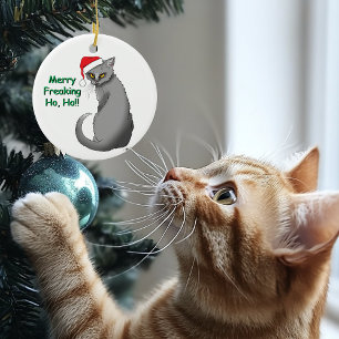 Adorno De Cerámica Gato Gris Divertido Gruñón Navidad Humor Festivo