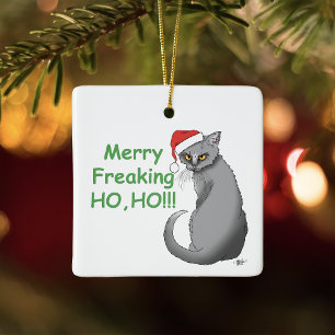 Adorno De Cerámica Gato Gris Divertido Malhumorado Navidad Humor Fest
