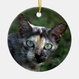 Adorno De Cerámica Gato Gris Marrón Blanco con Ojos Verdes