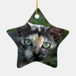 Adorno De Cerámica Gato Gris Marrón Blanco con Ojos Verdes
