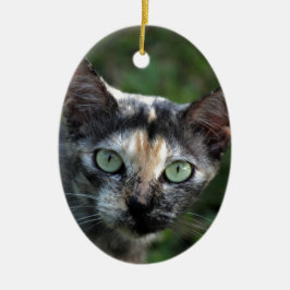 Adorno De Cerámica Gato Gris Marrón Blanco con Ojos Verdes