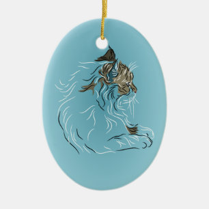 Adorno De Cerámica Gato gris mullido en fondo azul