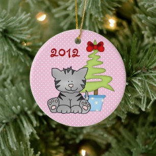Adorno De Cerámica Gato gris personalizado en los primeros Navidades 