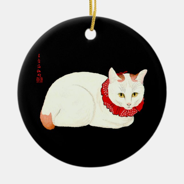 Adorno De Cerámica Gato japonés blanco y jengibre (Frente)