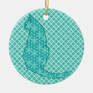 Adorno De Cerámica Gato japonés - Impresión de kimono turquesa