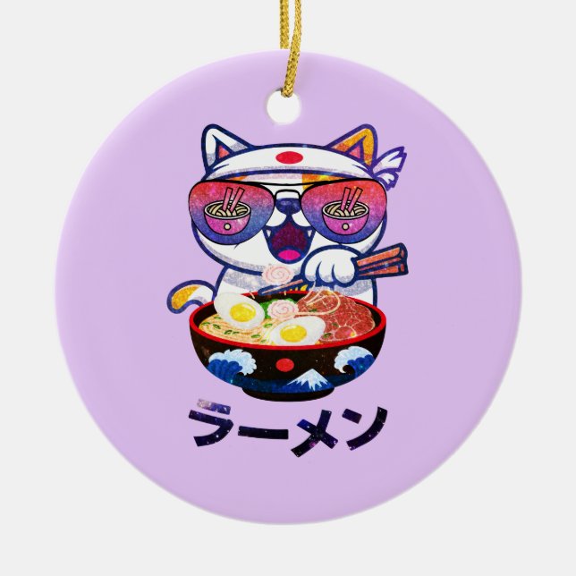 Adorno De Cerámica Gato Kawaii comiendo fideos Ramen (Frente)