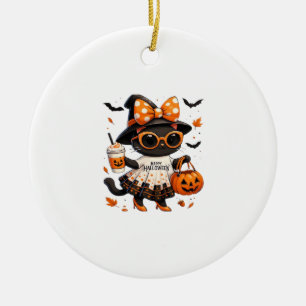 Adorno De Cerámica Gato Kawaii de Halloween � Gato Bruja con Calabaza
