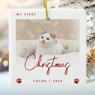 Adorno De Cerámica Gato Kitten Foto Adorable 1er Navidad Huellas Roja
