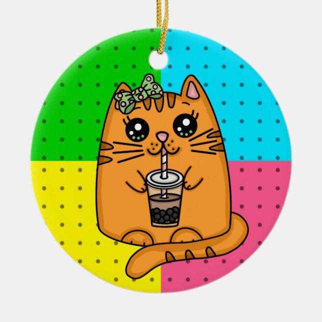 Adorno De Cerámica Gato Kitty Beber Boba Tea (Frente)