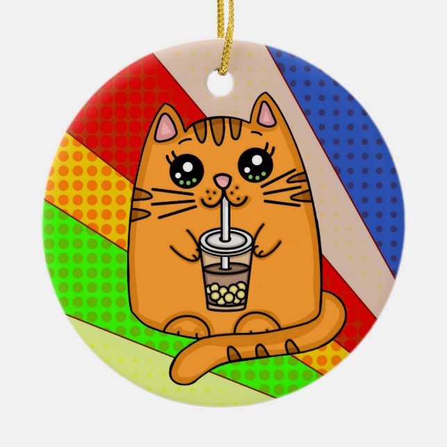 Adorno De Cerámica Gato Kitty bebiendo Boba Tea (Frente)