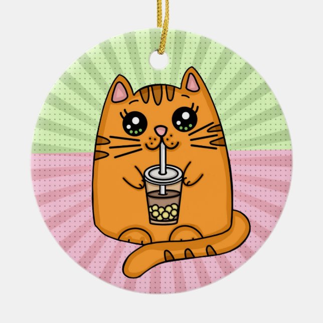 Adorno De Cerámica Gato Kitty bebiendo Boba Tea (Frente)