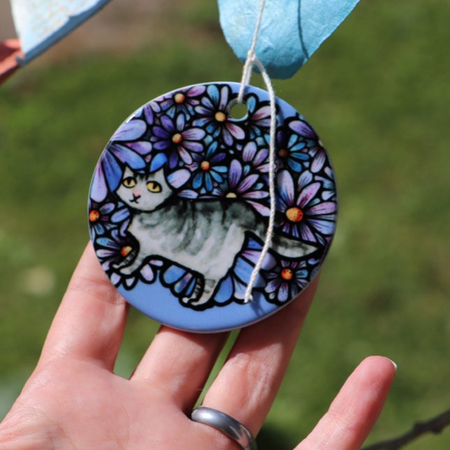 Adorno De Cerámica Gato Kitty Púrpura Daisies Gris Gato Gris Gris Gri (Subido por el creador)