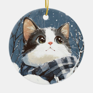 Adorno De Cerámica Gato lindo acogedor nieve de invierno