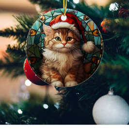 Adorno De Cerámica Gato lindo con Navidades de vidrio manchado de San