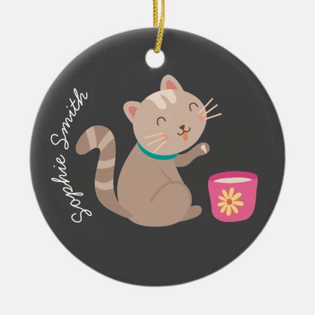 Adorno De Cerámica Gato lindo con personalizado de té (Frente)