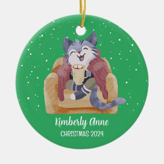 Adorno De Cerámica Gato lindo Navidades Kitty Snowy vacaciones de inv (Frente)