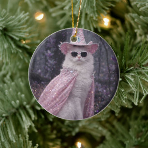 Adorno De Cerámica Gato Mago Mágico en Capa y Sombrero Rosa Brillante