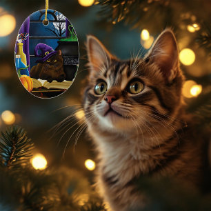 Adorno De Cerámica Gato marrón brujo magia púrpura luna llena prepara