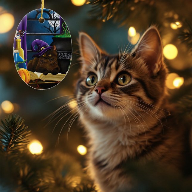 Adorno De Cerámica Gato marrón brujo magia púrpura luna llena prepara (Subido por el creador)