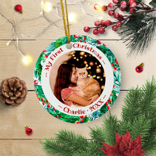 Adorno De Cerámica Gato Mascota Primera Navidad Foto Adorable Acuarel