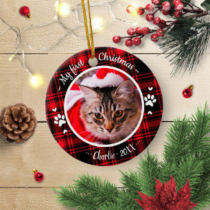 Adorno De Cerámica Gato Mascota Primera Navidad Foto Rústico Cuadro E