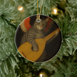 Adorno De Cerámica Gato músico alado tocando el laúd Arte