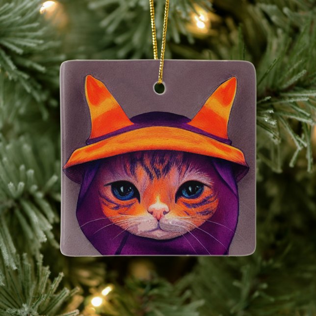 Adorno De Cerámica Gato naranja con Gorra de bruja morada Halloween (Árbol)
