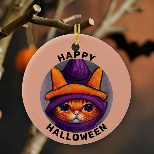 Adorno De Cerámica Gato naranja con sombrero de bruja morado Feliz Ha