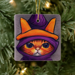 Adorno De Cerámica Gato Naranja con Sombrero de Bruja Púrpura Hallowe