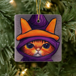 Adorno De Cerámica Gato Naranja con Sombrero de Bruja Púrpura Hallowe