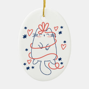 Adorno De Cerámica Gato navidad con corazones, copos de nieve