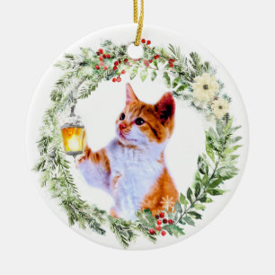 Adorno De Cerámica Gato Navidad en corona con farol personalizado