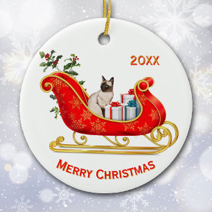 Adorno De Cerámica Gato navidad Sleigh Siamese
