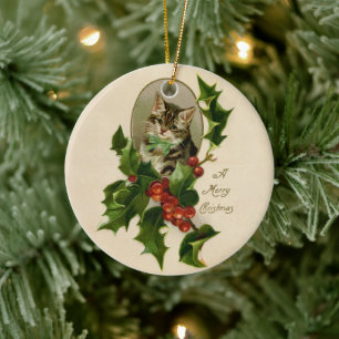 Adorno De Cerámica Gato Navidades Merry Holly Kitten Arte Antiguo