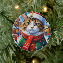 Adorno De Cerámica Gato Navideño Festivo con Gorro de Santa